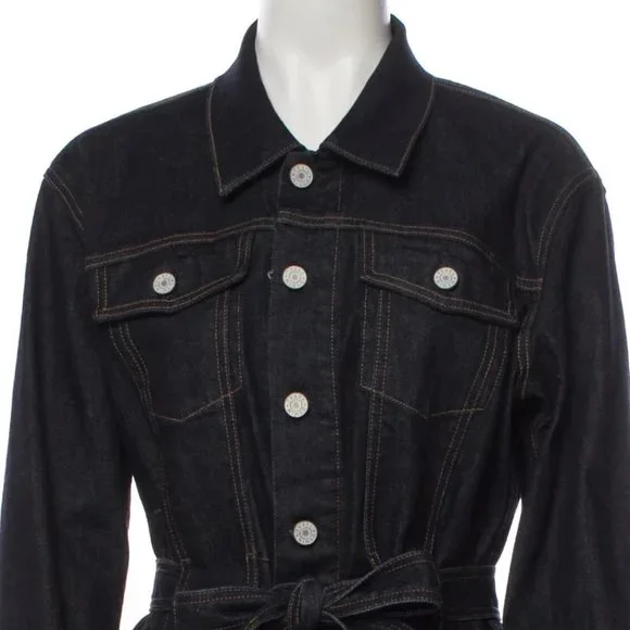 Trave Blue Pointed Collar Flap Pockets Button Closure Belted Denim Jacket Small - Picture 6 of 12
